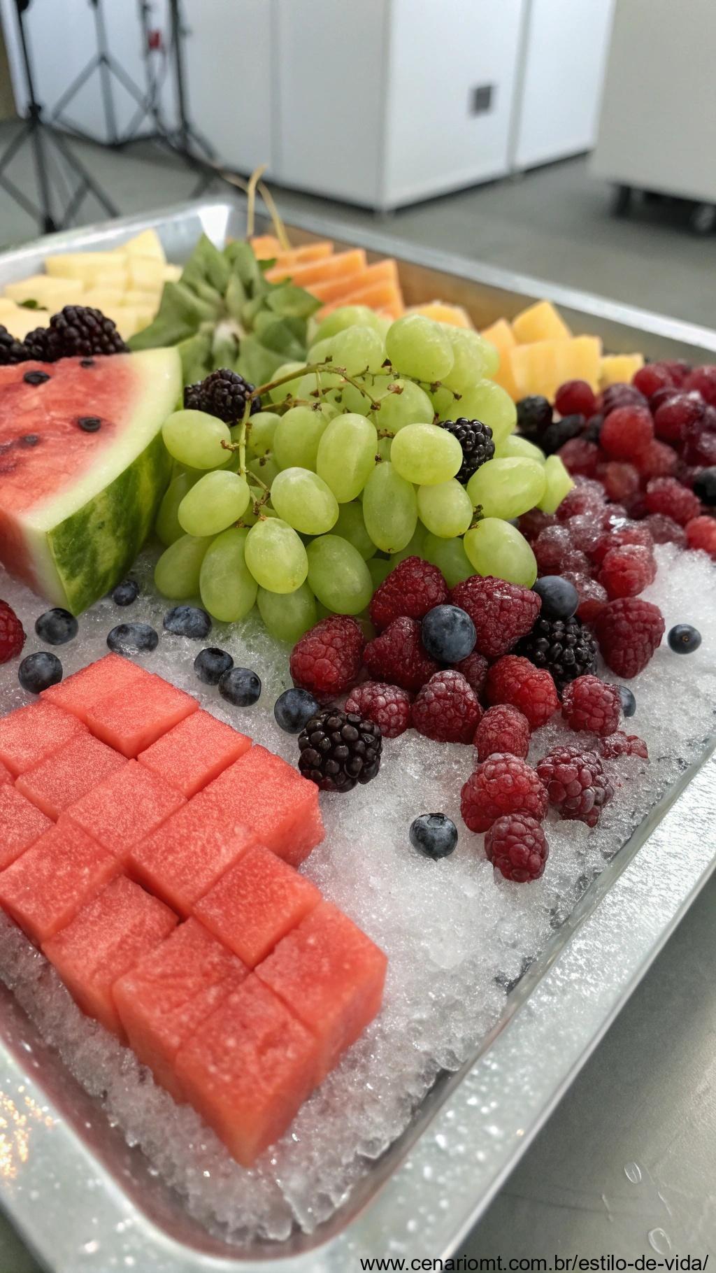 uma travessa de frutas congeladas com melancia, uvas e frutas vermelhas, dispostas sobre uma superfície gelada