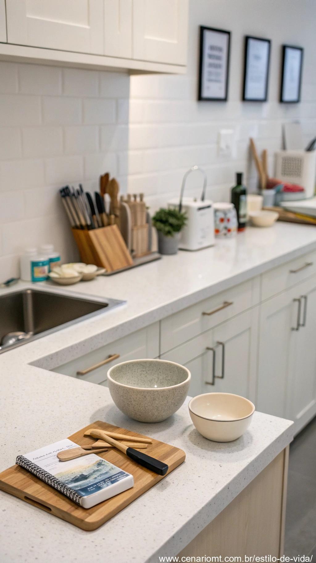 uma área de trabalho limpa e sem bagunça na cozinha, com bancadas totalmente limpas e apenas alguns itens essenciais em uso
