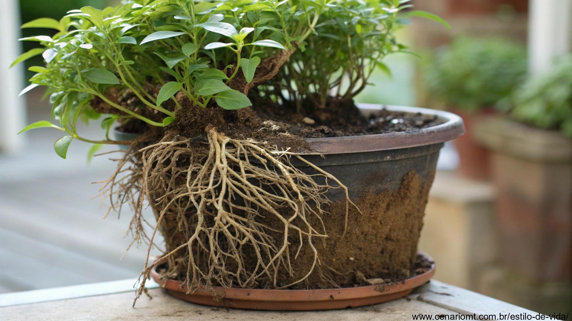 planta que cresceu demais para o vaso, com raízes visíveis na superfície e crescimento excessivo