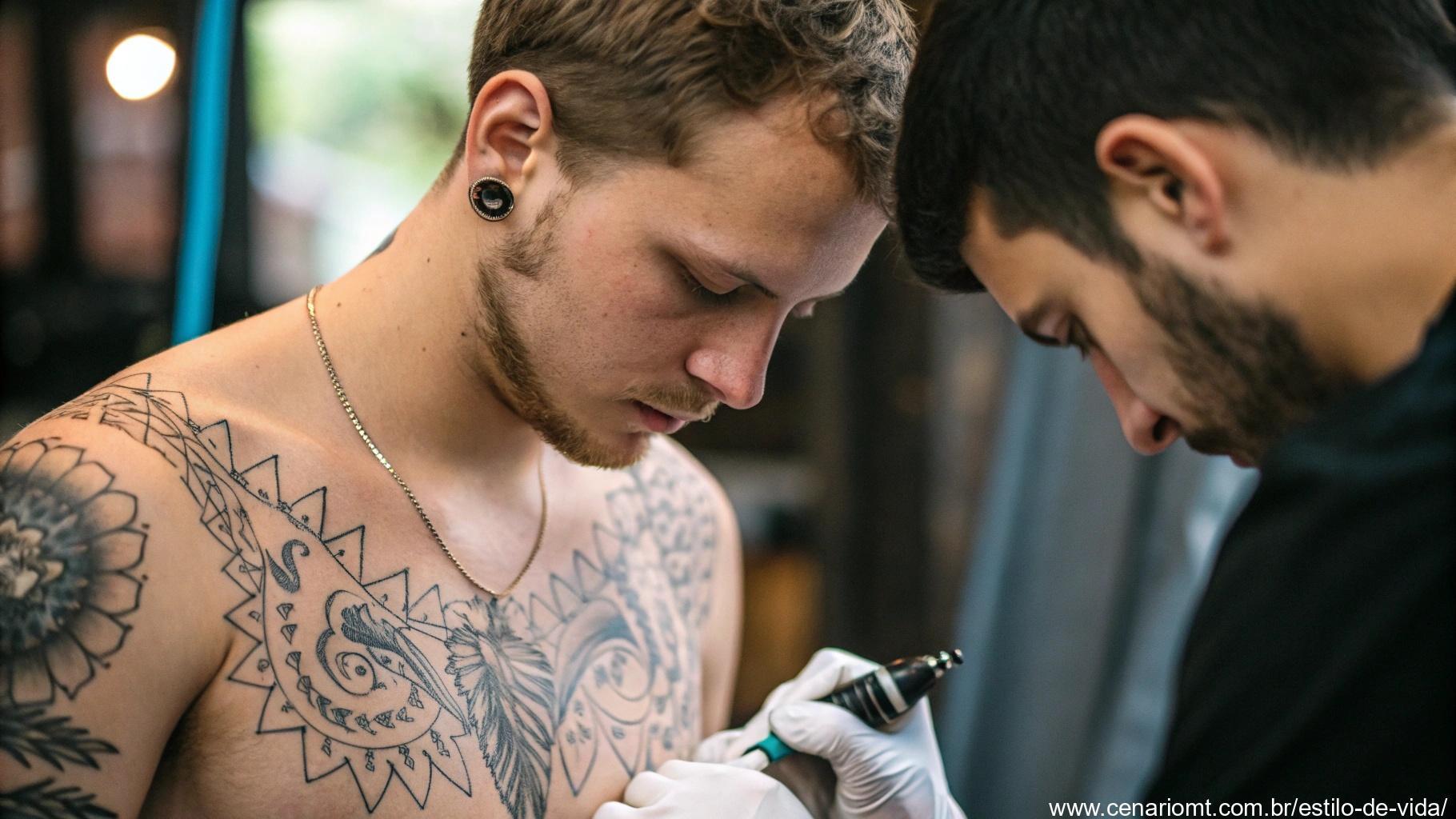 Imagem de peito com tatuagem.