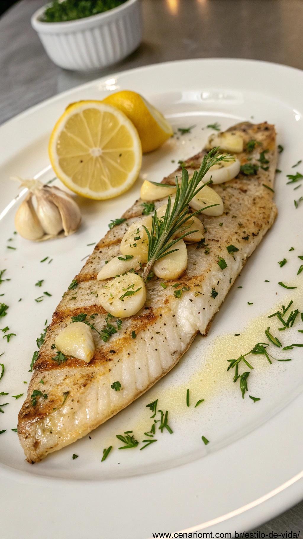 Peixe grelhado com alho e limão, servido com ervas frescas.