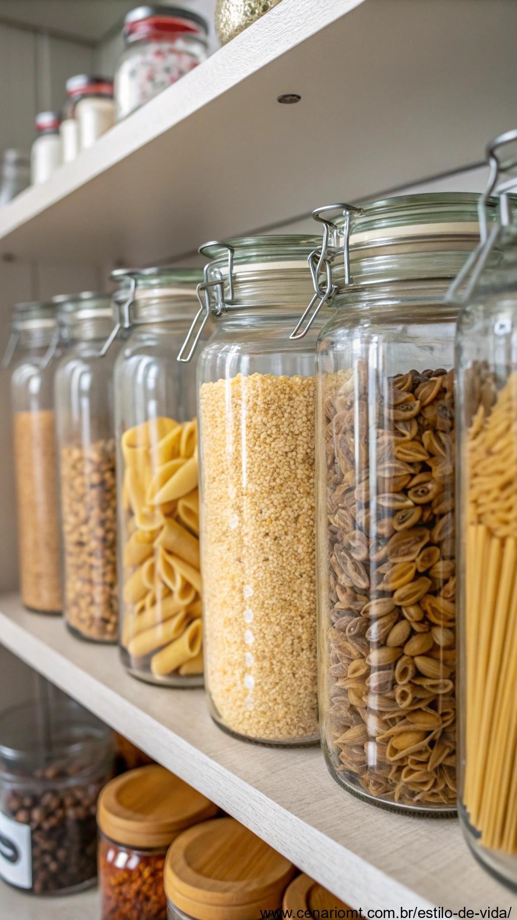 Frascos de vidro usados como potes para armazenar alimentos, cheios de grãos, massas e especiarias, organizados em uma despensa de cozinha