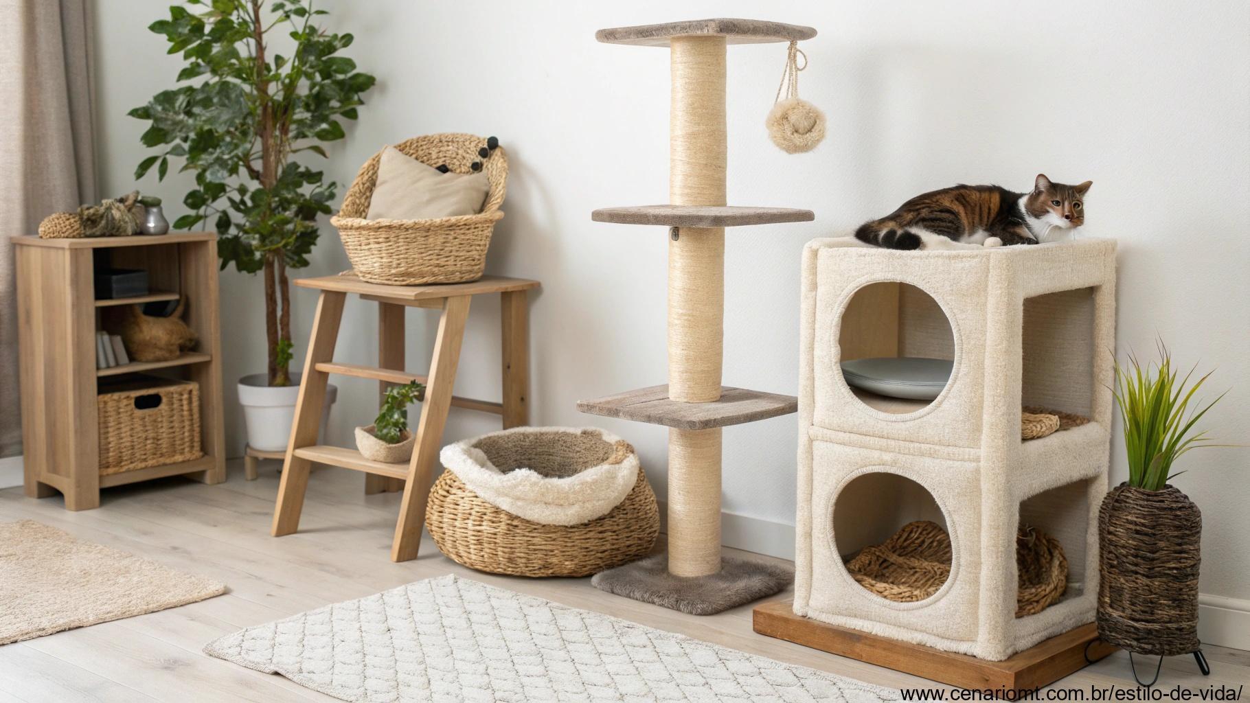 ambiente variado e acolhedor para gatos, com arranhadores e prateleiras de escalada