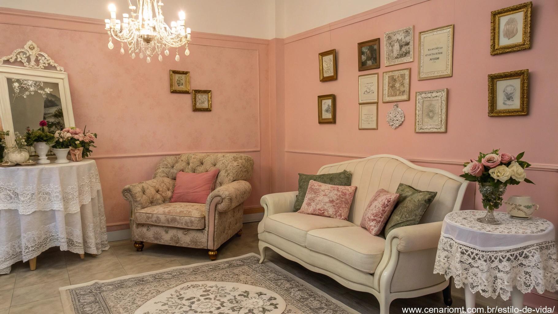 Sala vintage com paredes em Rosa Antigo