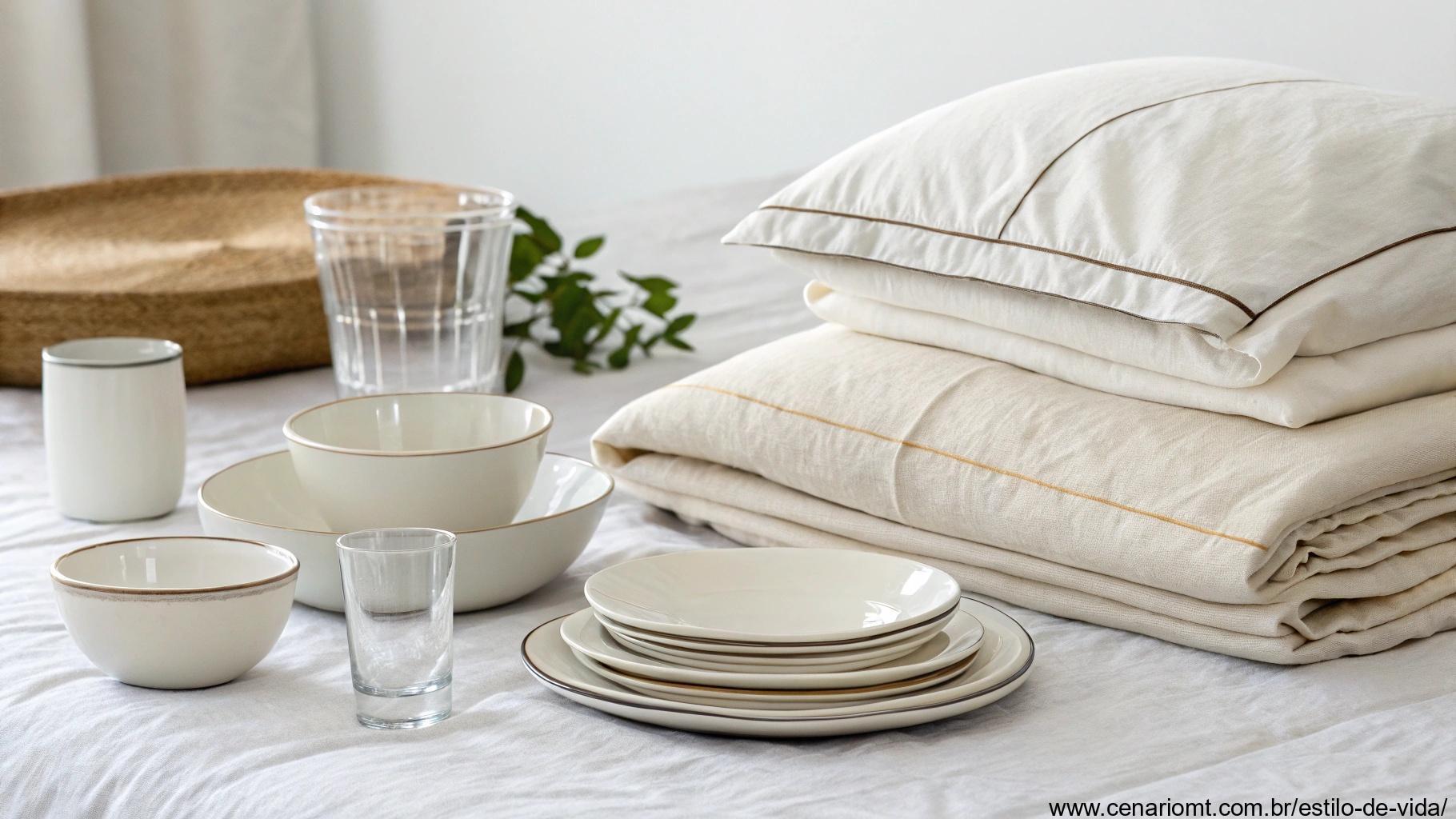 Roupas de cama e mesa simples e elegantes, mantendo a funcionalidade.