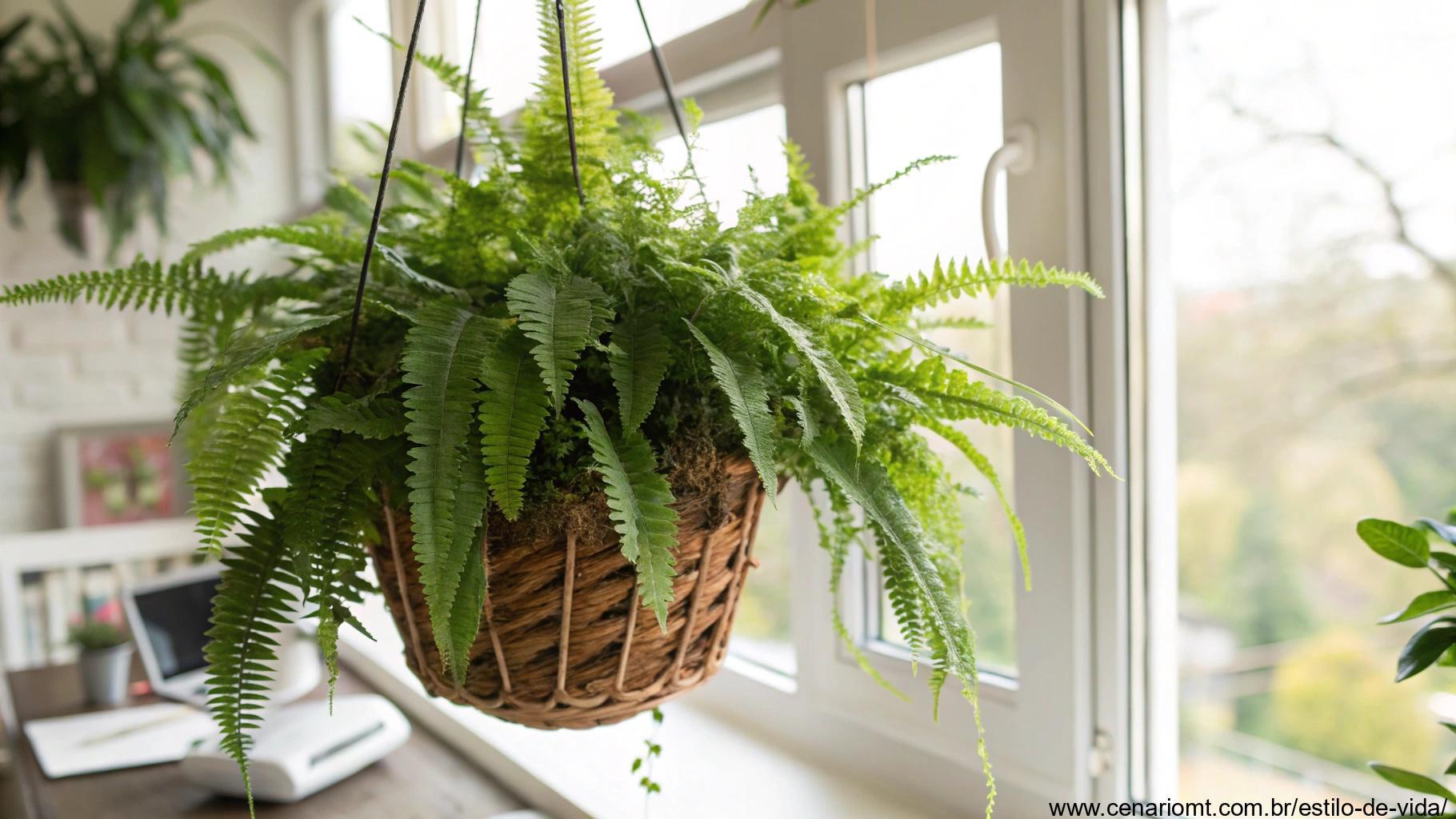 Samambaia verde exuberante em um cesto suspenso perto de uma janela iluminada.