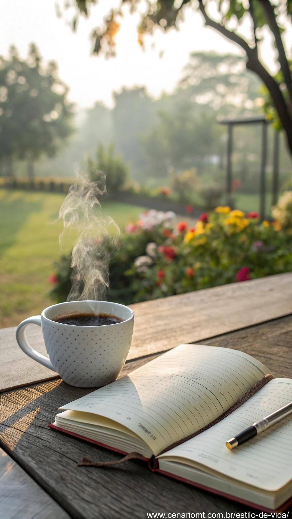 uma manhã bonita com uma xícara de café fresca ao lado de um diário