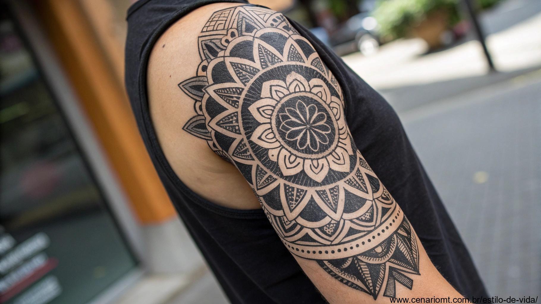 Uma tatuagem blackwork com padrões intrincados e tinta preta sólida