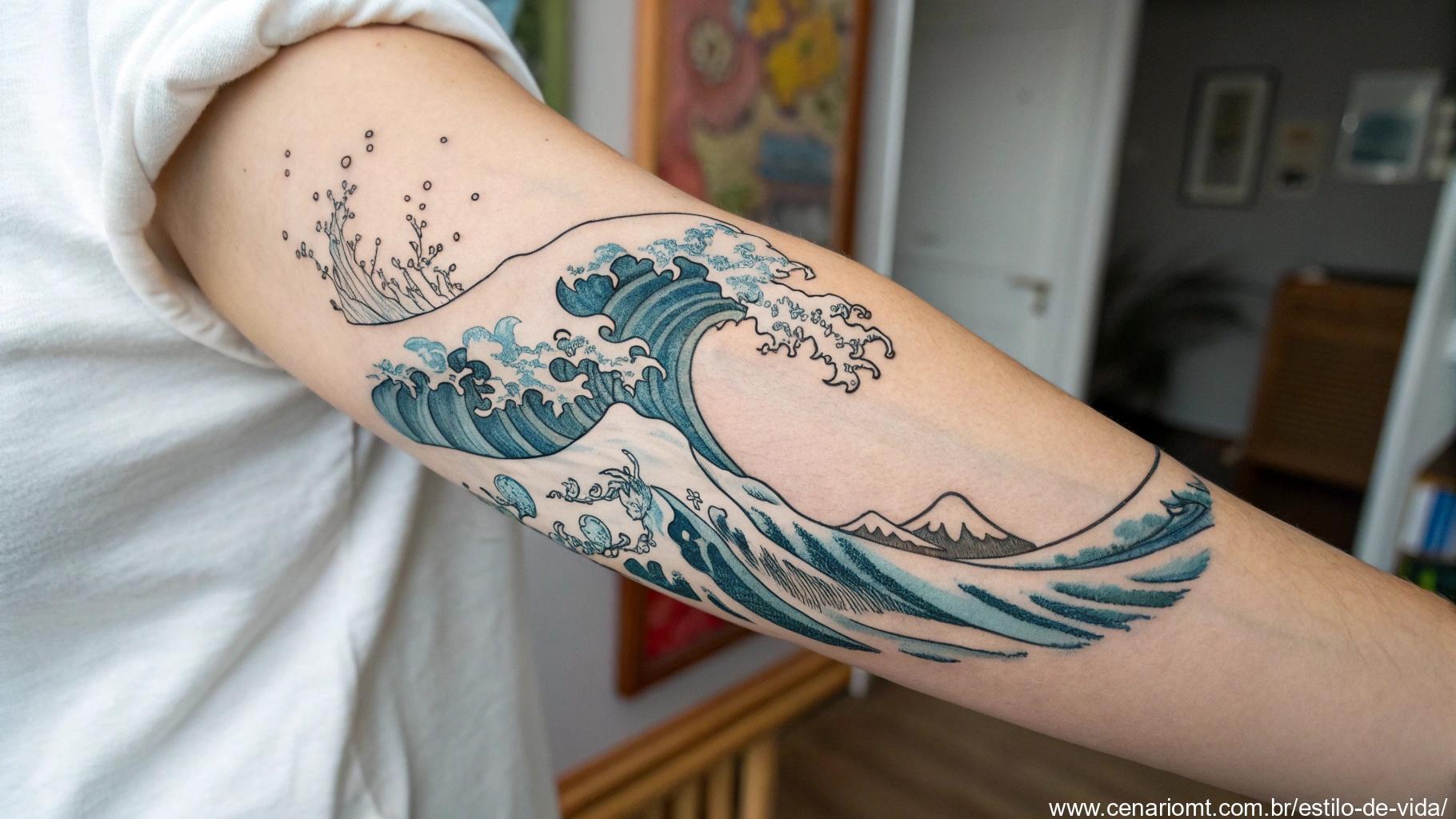 Tatuagem de ondas, simbolizando paz e adaptabilidade.
