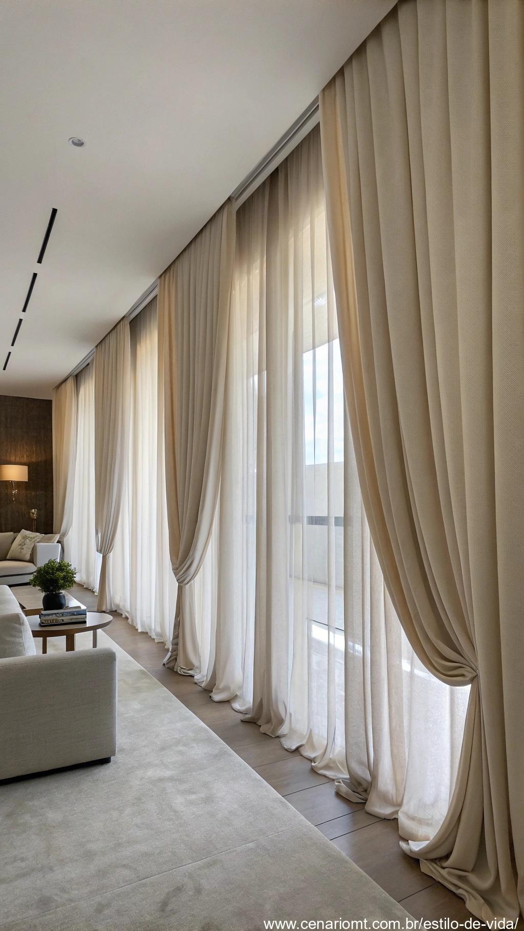 cortinas de teto a chão em uma sala de estar pequena, criando uma sensação de altura