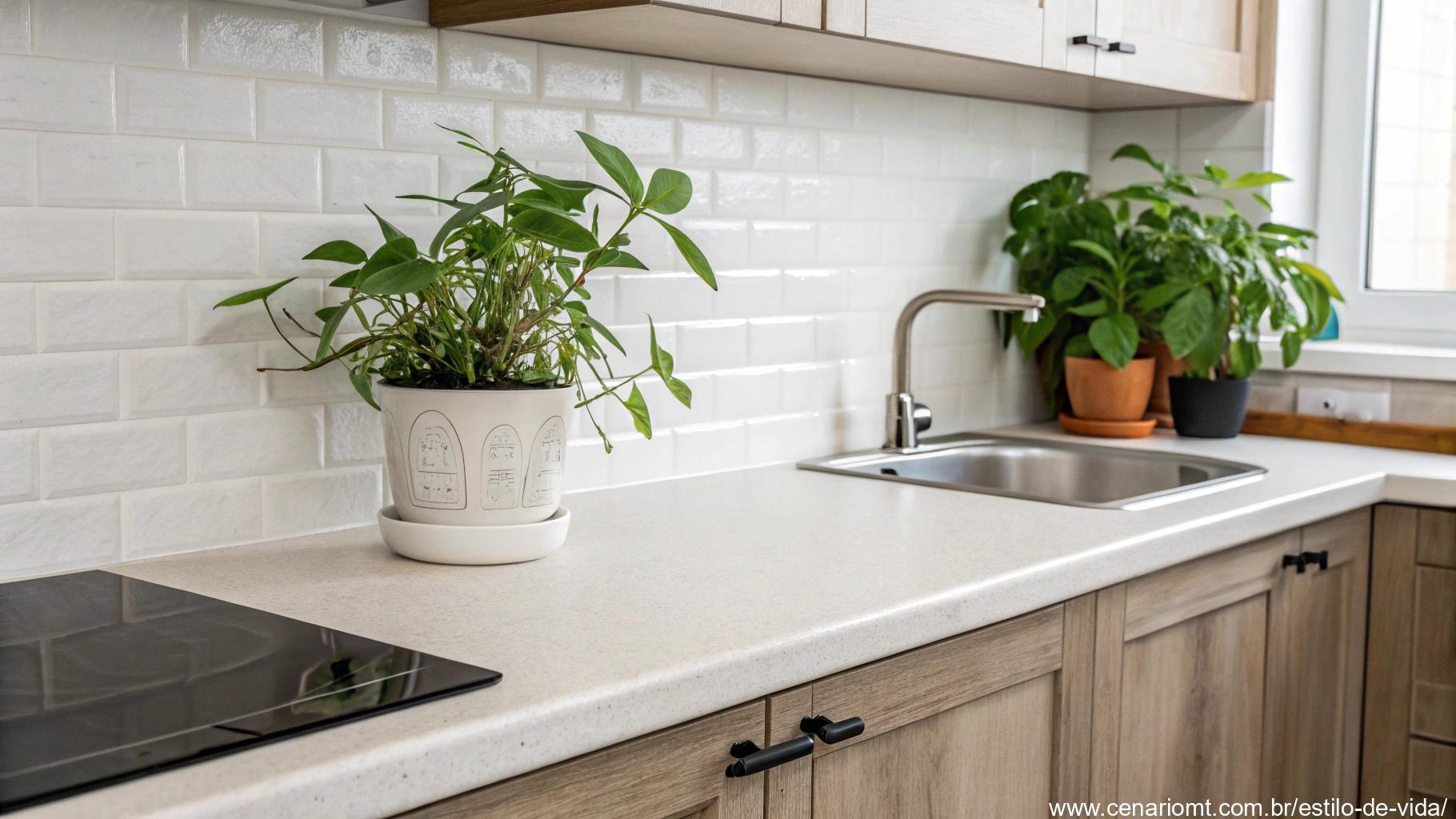 Planta em vaso sobre a bancada da cozinha, adicionando frescor ao ambiente