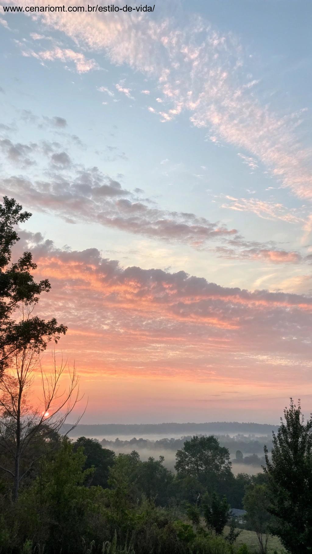 Céu sereno de manhã com cores suaves e a promessa de misericórdia divina.