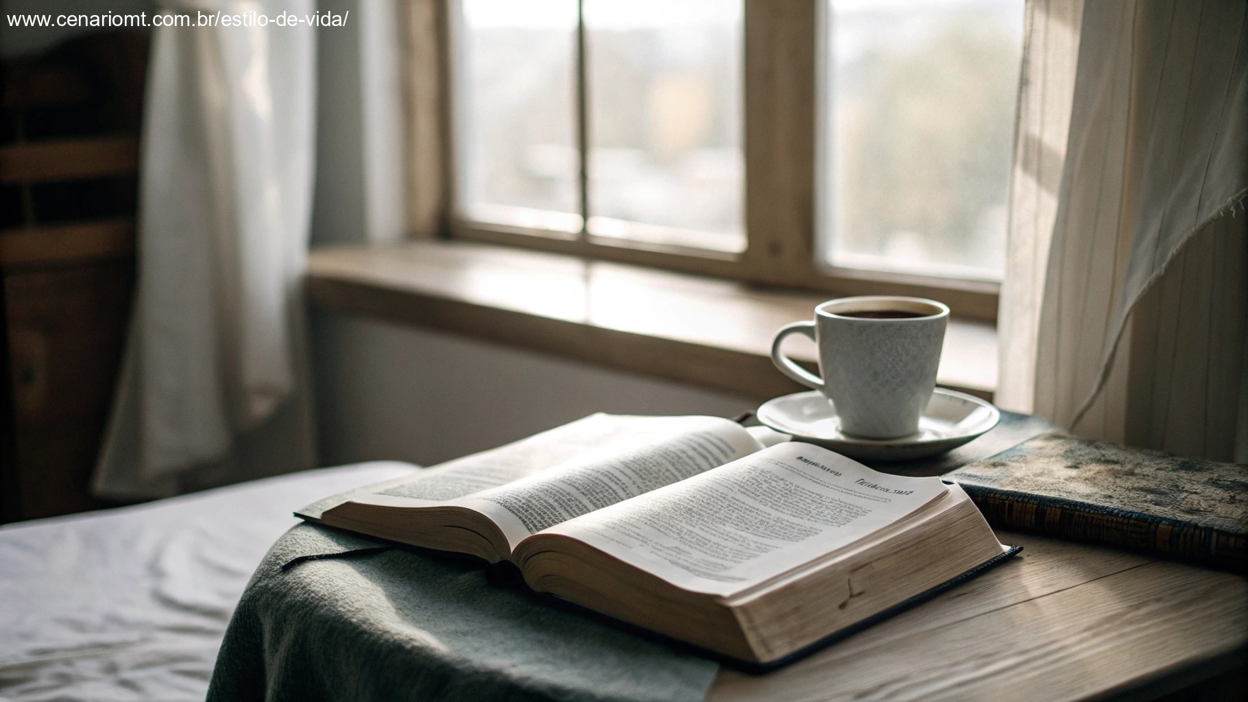 Um quarto tranquilo e pacífico com uma Bíblia aberta sobre uma mesa, uma xícara de café e luz suave da manhã, representando a importância da oração matinal.