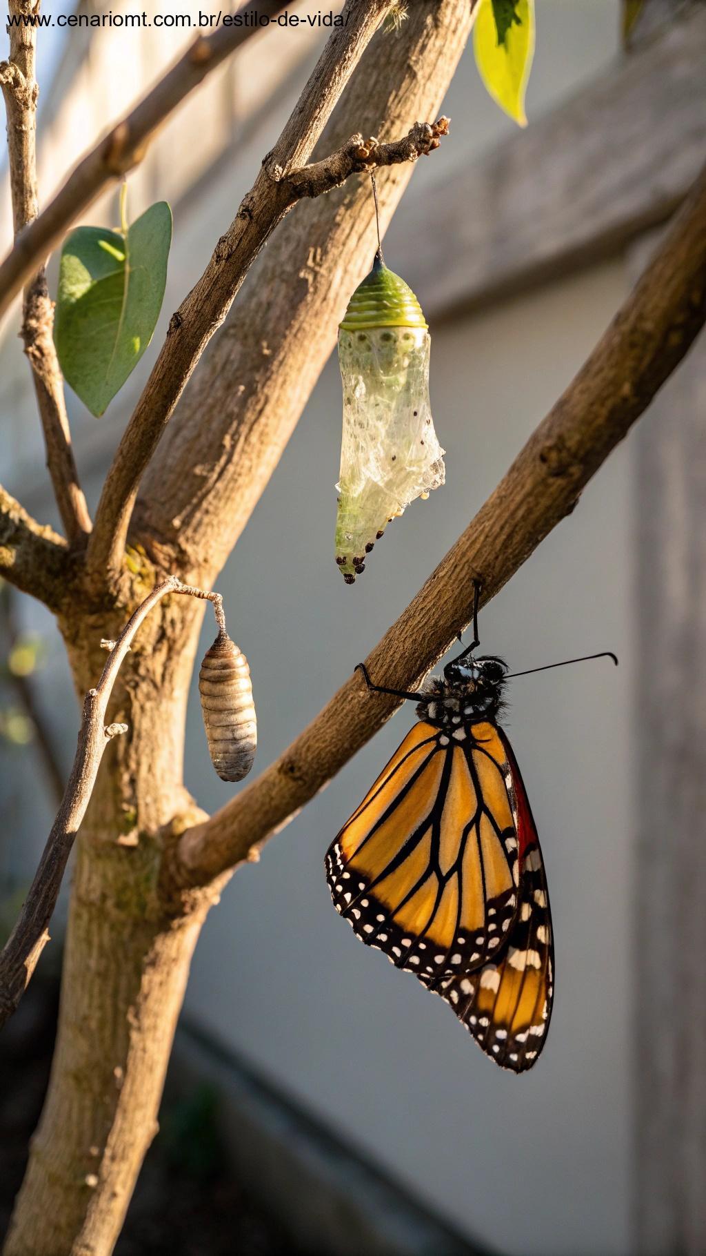 Borboleta emergindo de um casulo, representando transformação e crescimento.