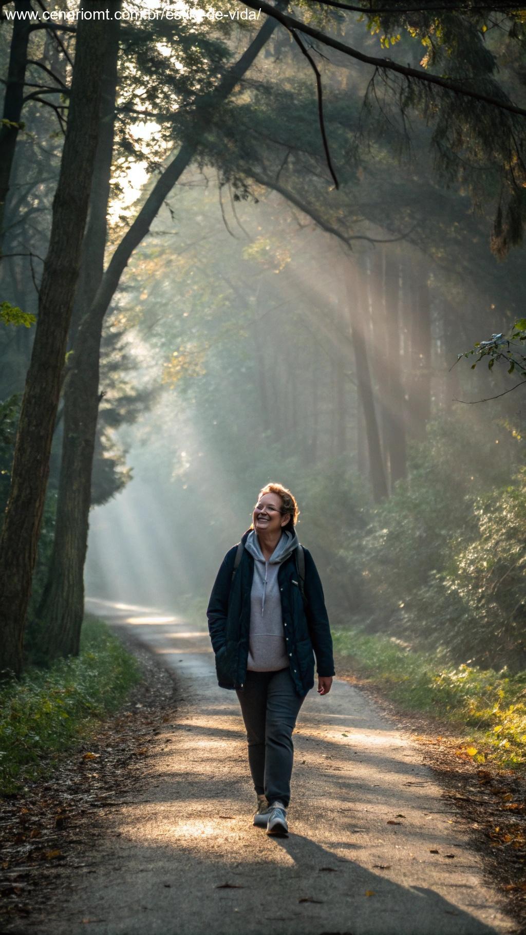 Pessoa caminhando em uma trilha na floresta, refletindo sabedoria e aceitação das mudanças.