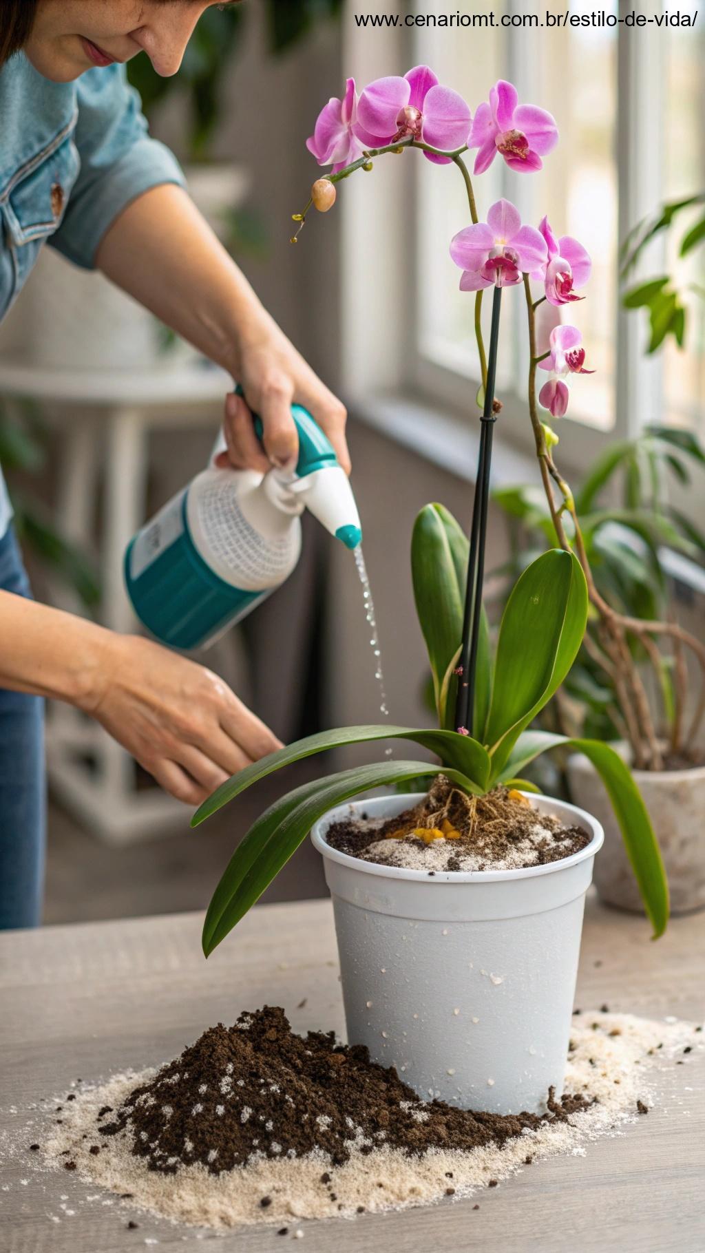 Close-up de mãos aplicando fertilizante orgânico no solo de uma planta em vaso