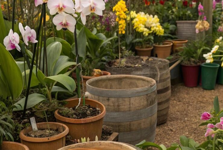 Jardim de orquídeas com adubos caseiros em recipientes naturais