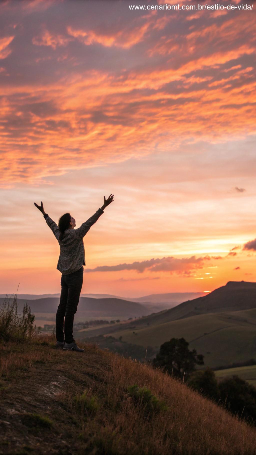 Pessoa em um pôr do sol, expressando gratidão pela simples existência.