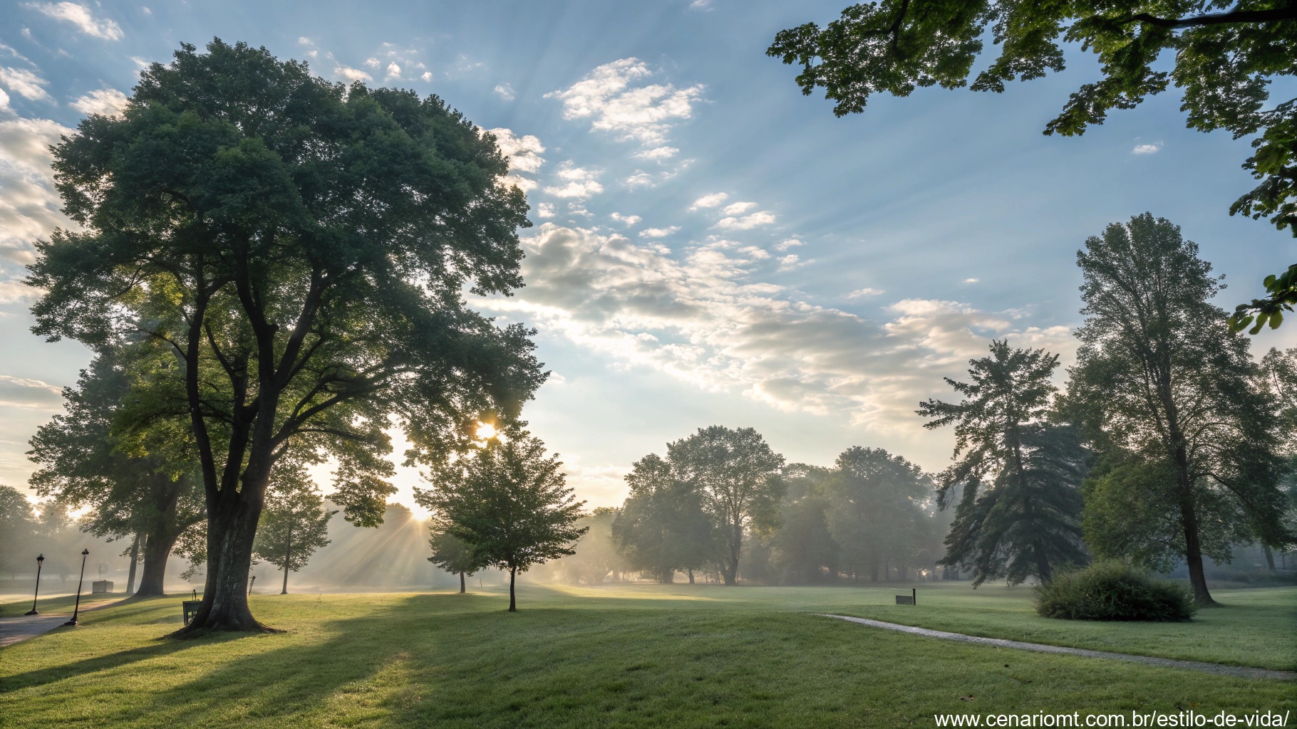 imagem de um amanhecer inspirador com raios de sol atravessando árvores em um parque.