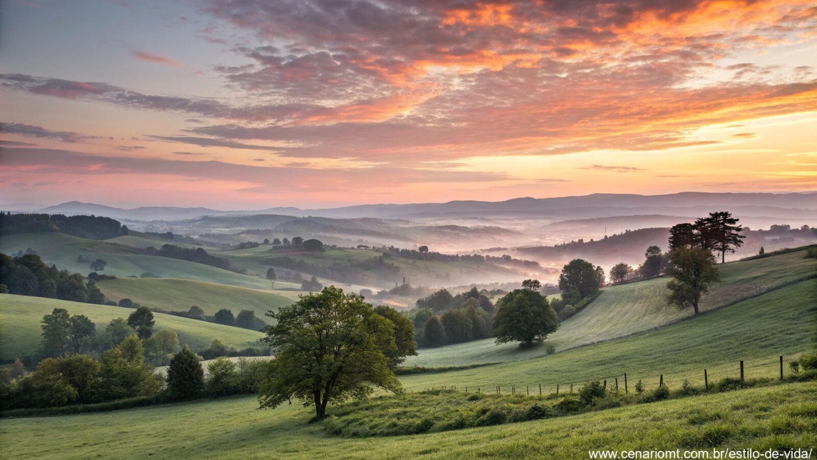 imagem de um amanhecer tranquilo no campo simbolizando bênçãos e fé para a semana