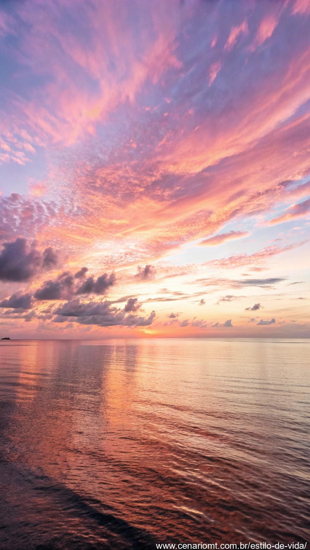 Amanhecer suave sobre o oceano calmo com cores pastéis no céu.