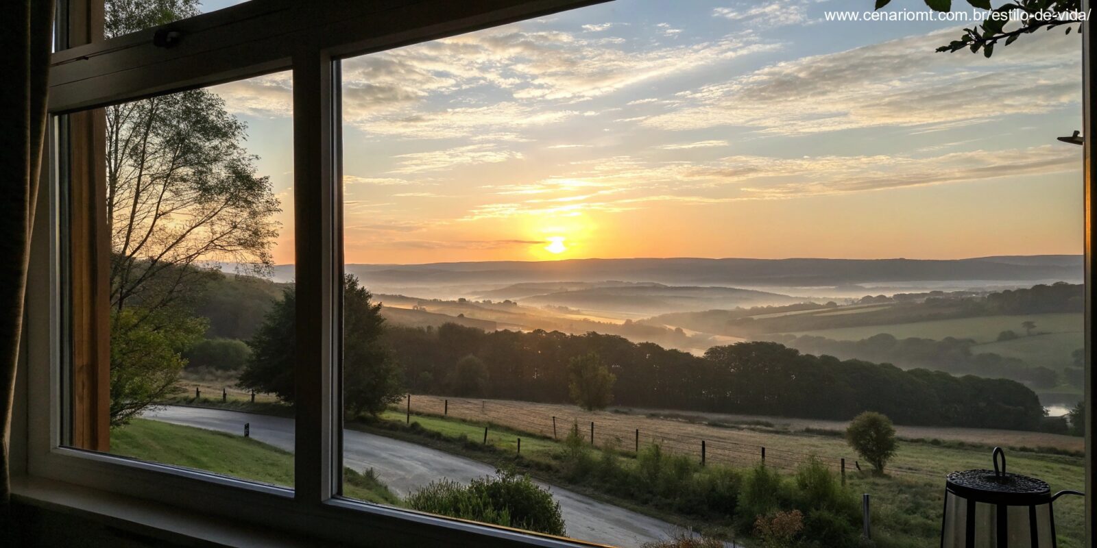 Um amanhecer tranquilo com o sol surgindo sobre colinas e uma janela sugerindo uma manhã acolhedora.