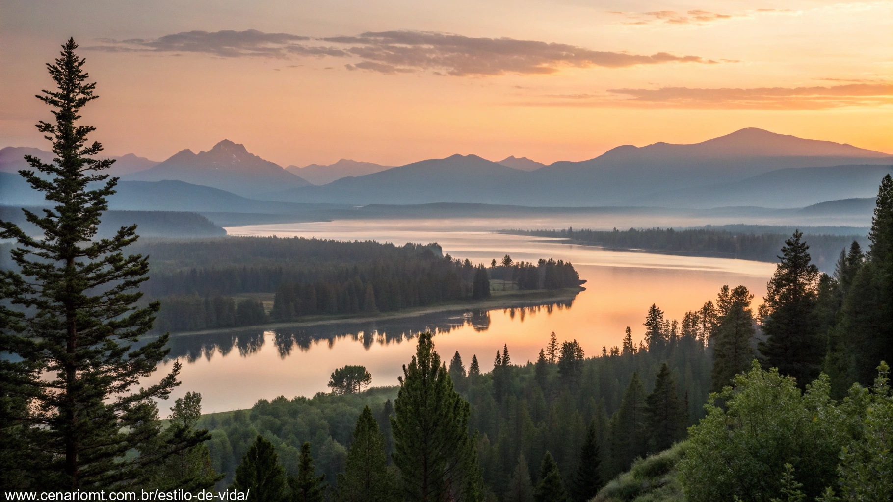 imagem de um amanhecer tranquilo com paisagem serena e luz suave refletindo em um lago calmo