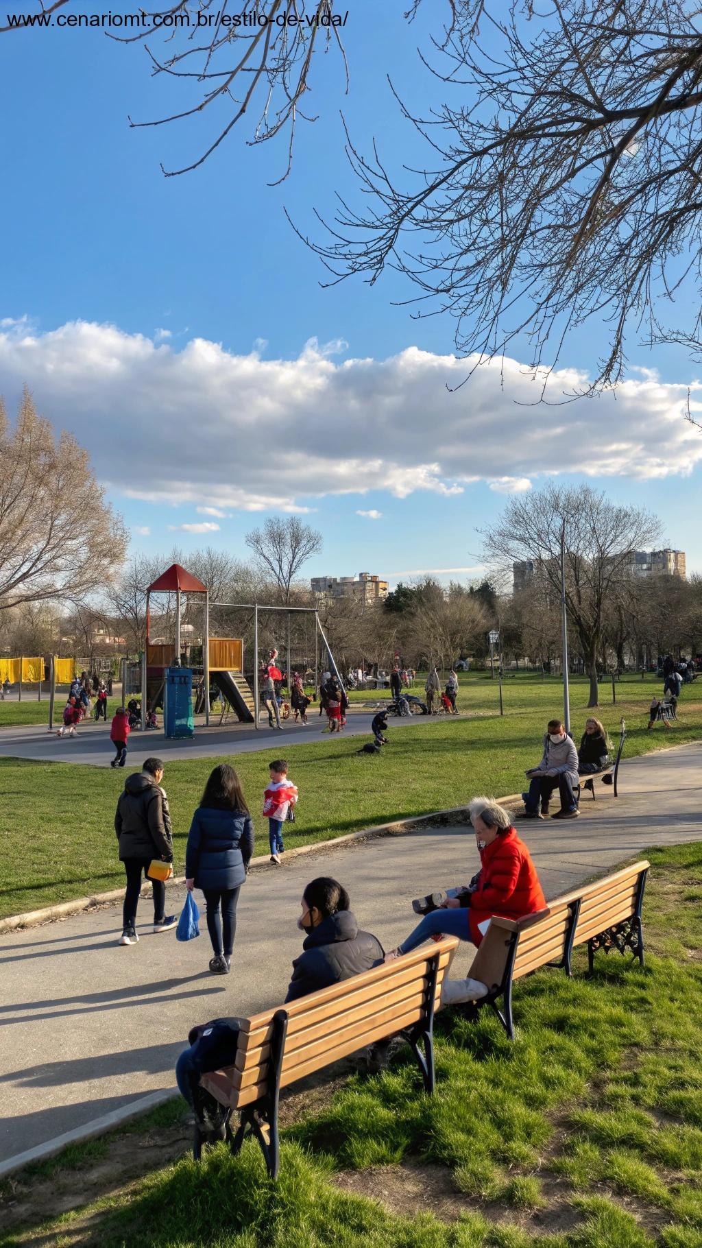 Uma cena animada em um parque, com pessoas aproveitando os primeiros dias de fevereiro, capturando a alegria de viver o momento.
