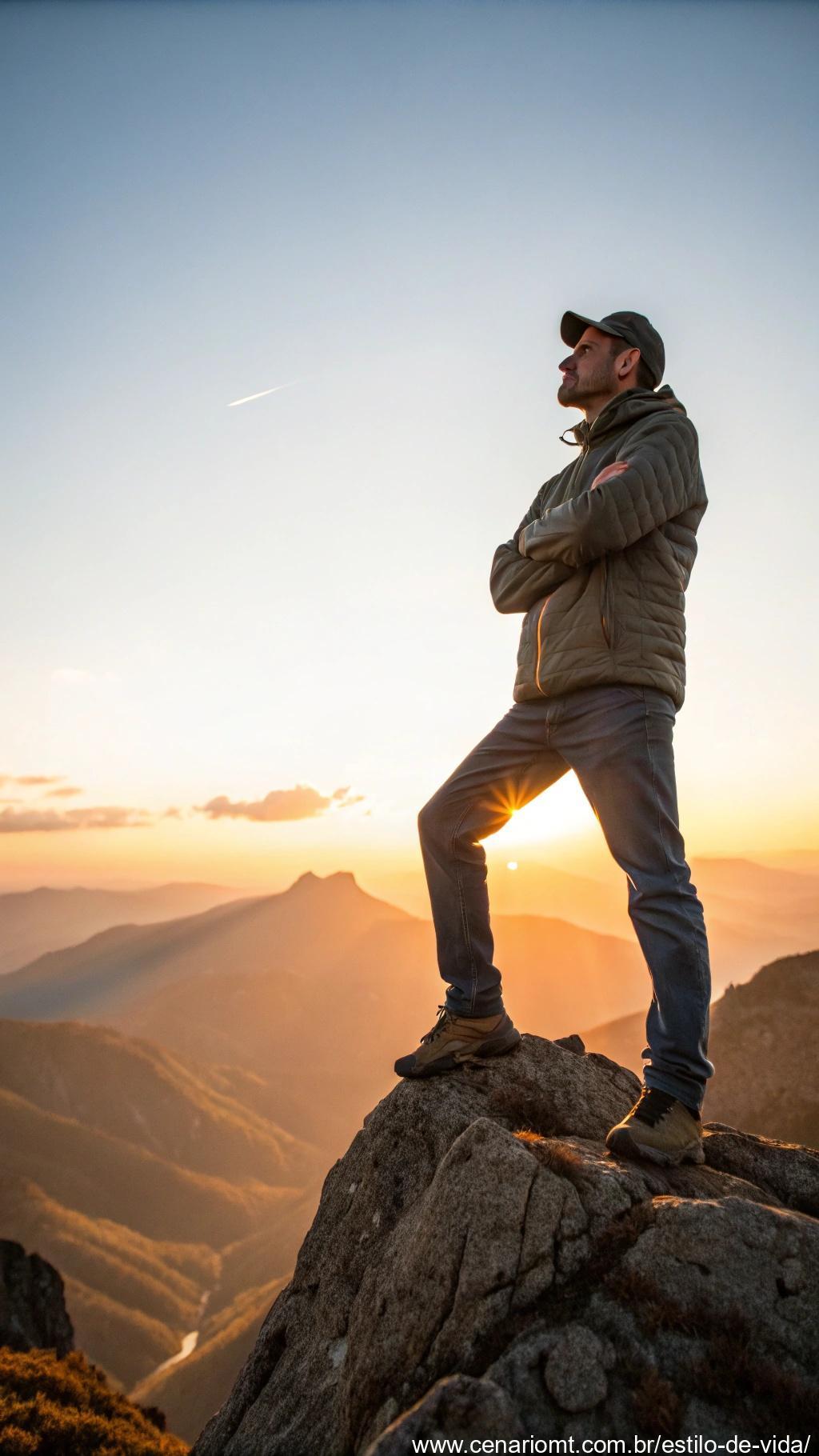 Áries confiante e carismático em um pico de montanha ao amanhecer