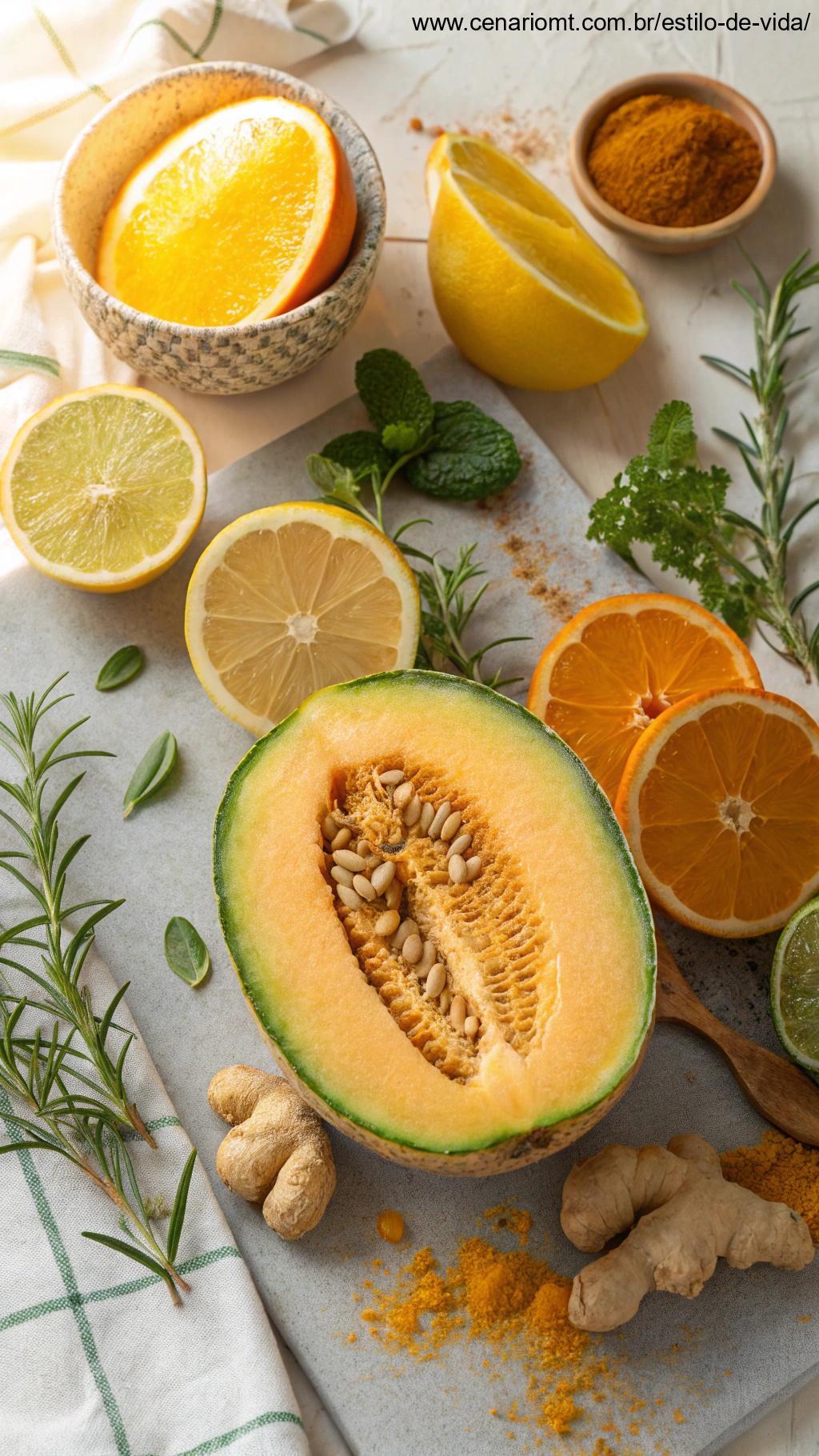 Melão vibrante cercado por elementos representando imunidade, como frutas cítricas frescas, ervas e luz solar.