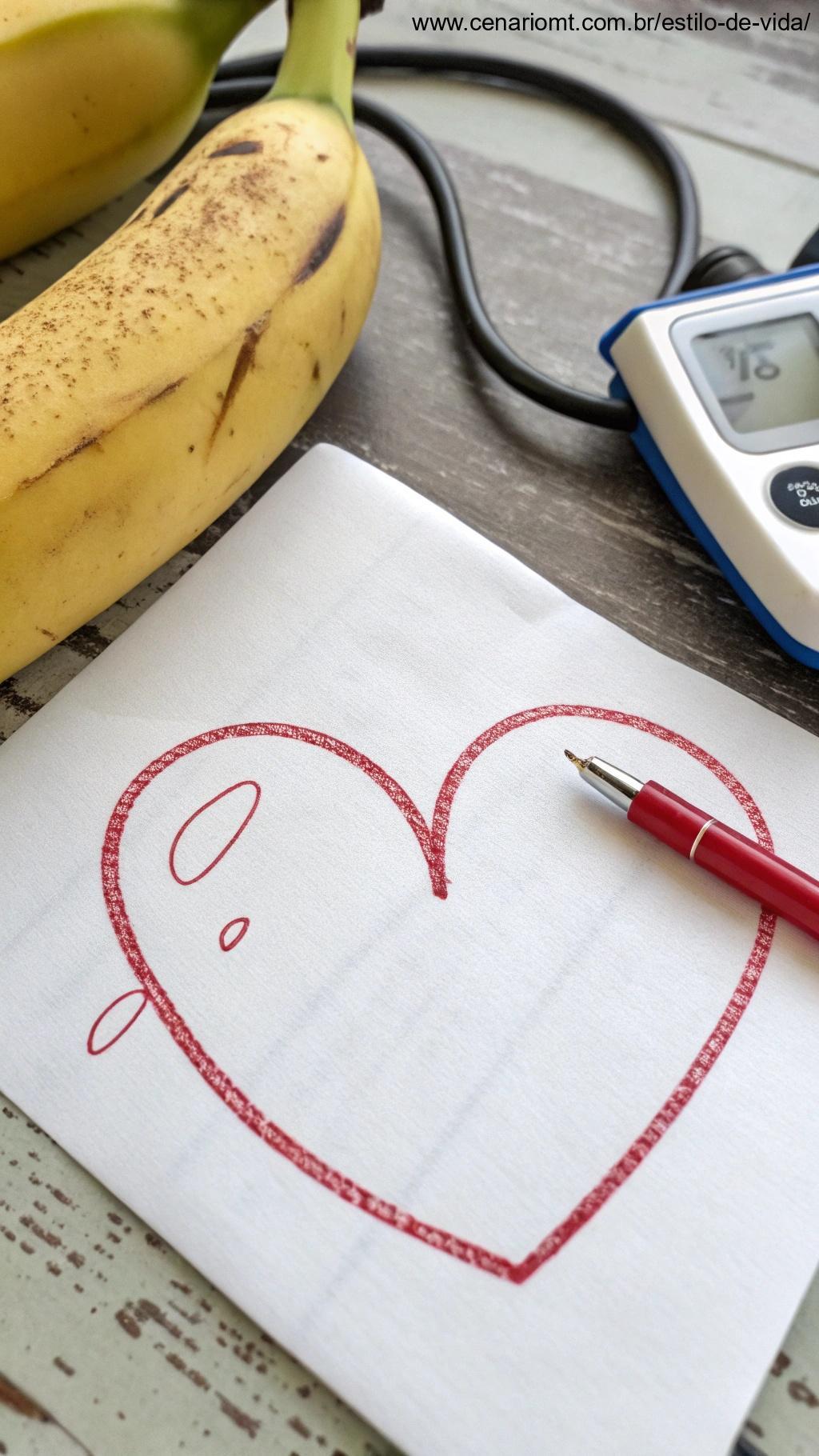 Banana ao lado de um desenho de coração, simbolizando controle da pressão arterial.