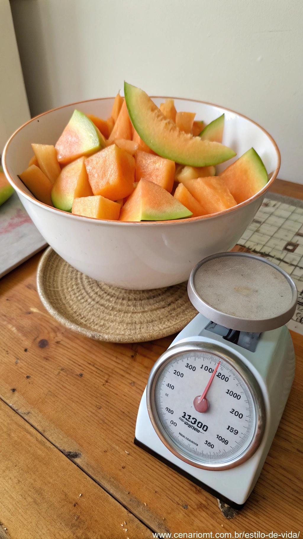 Uma tigela de fatias de melão sobre uma mesa de madeira ao lado de uma balança, simbolizando o baixo teor calórico da fruta.