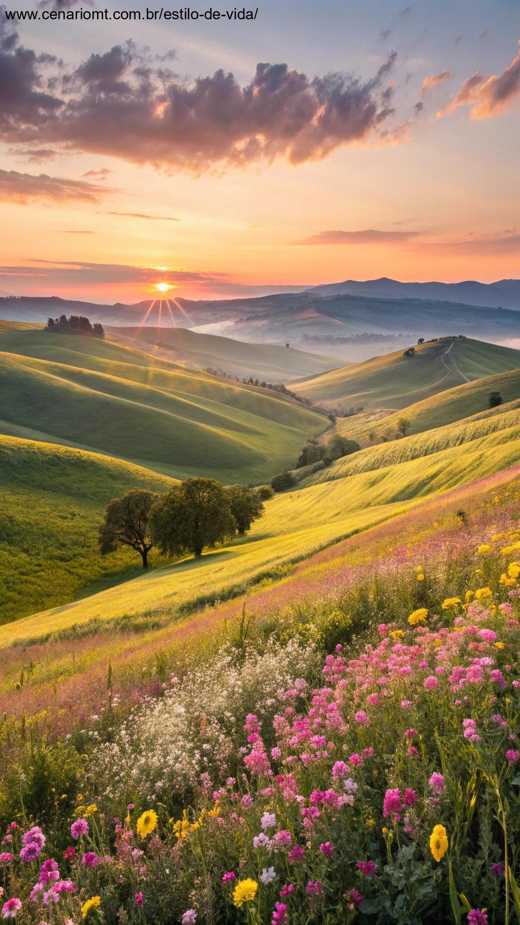 Paisagem vibrante de fevereiro com flores florescendo e o sol surgindo no horizonte.