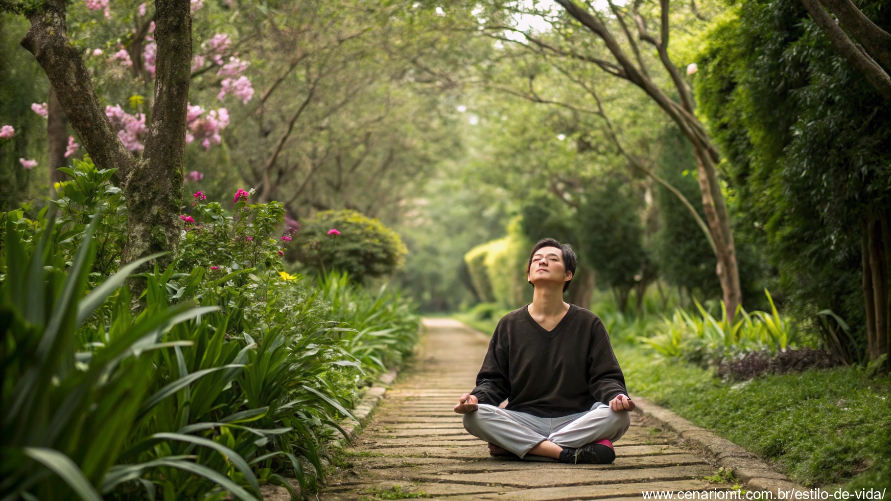 Imagem tranquila de uma pessoa meditando em um jardim silencioso, cercada pela natureza, simbolizando os benefícios da oração diária.