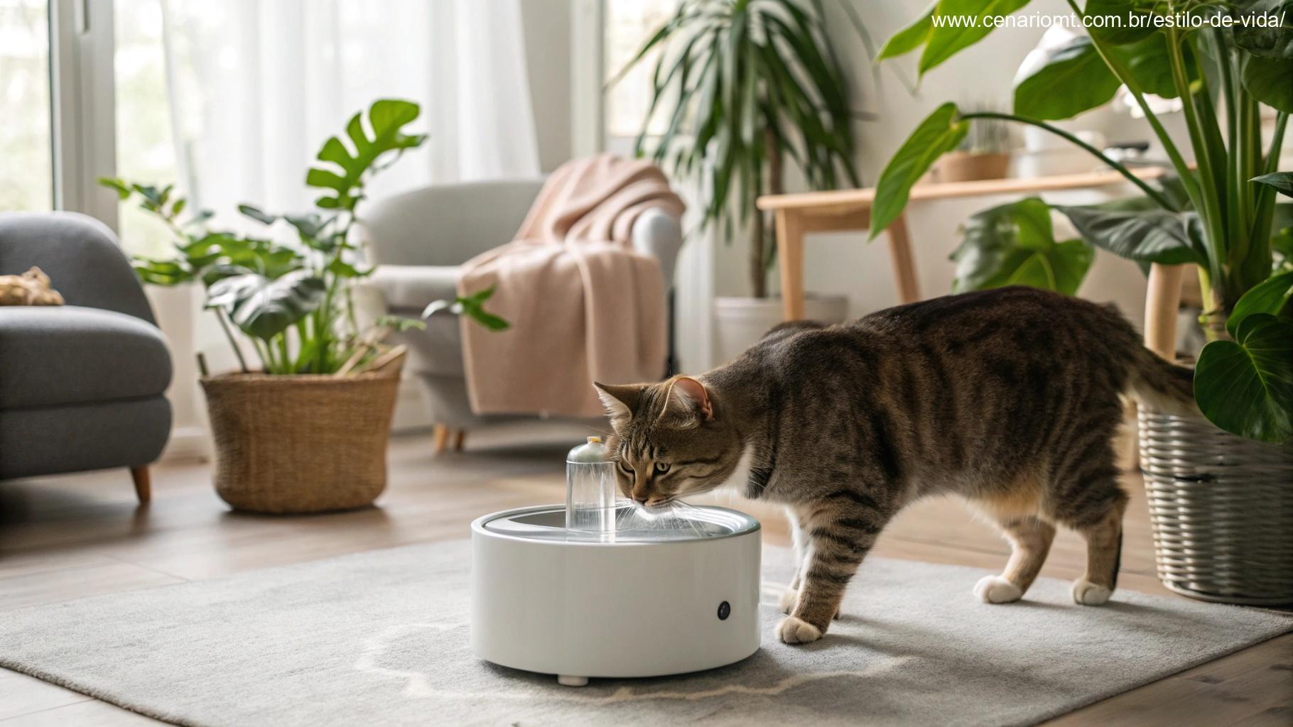 Gato bebendo água de uma fonte em uma sala tranquila
