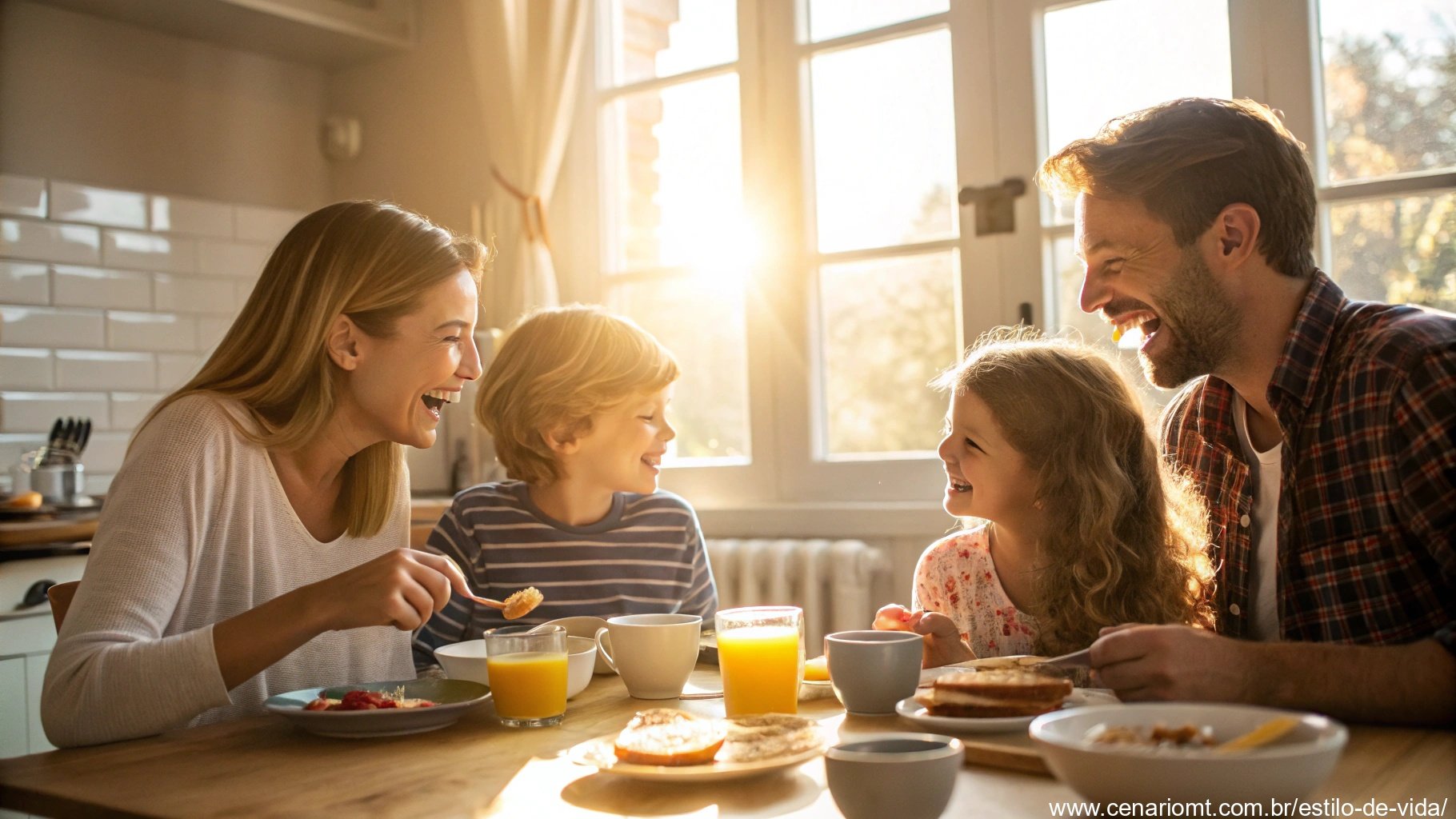 Família feliz tomando café da manhã juntos, com luz do sol entrando pela janela, criando uma atmosfera harmoniosa, representando os benefícios de começar o dia com Deus.