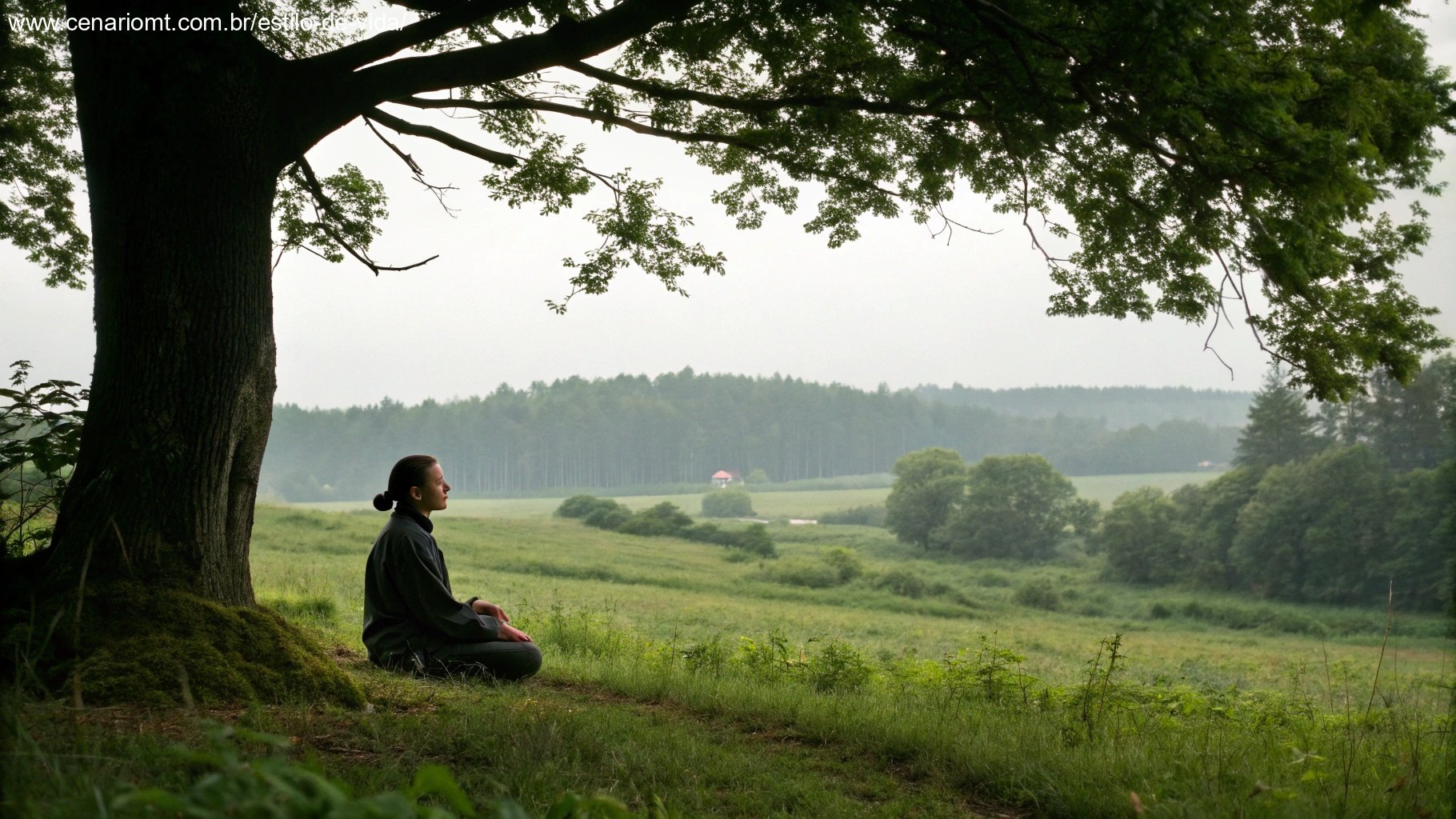 Uma paisagem tranquila com uma pessoa sentada sob uma árvore, meditando em um Salmo, simbolizando os benefícios da meditação diária nos Salmos.