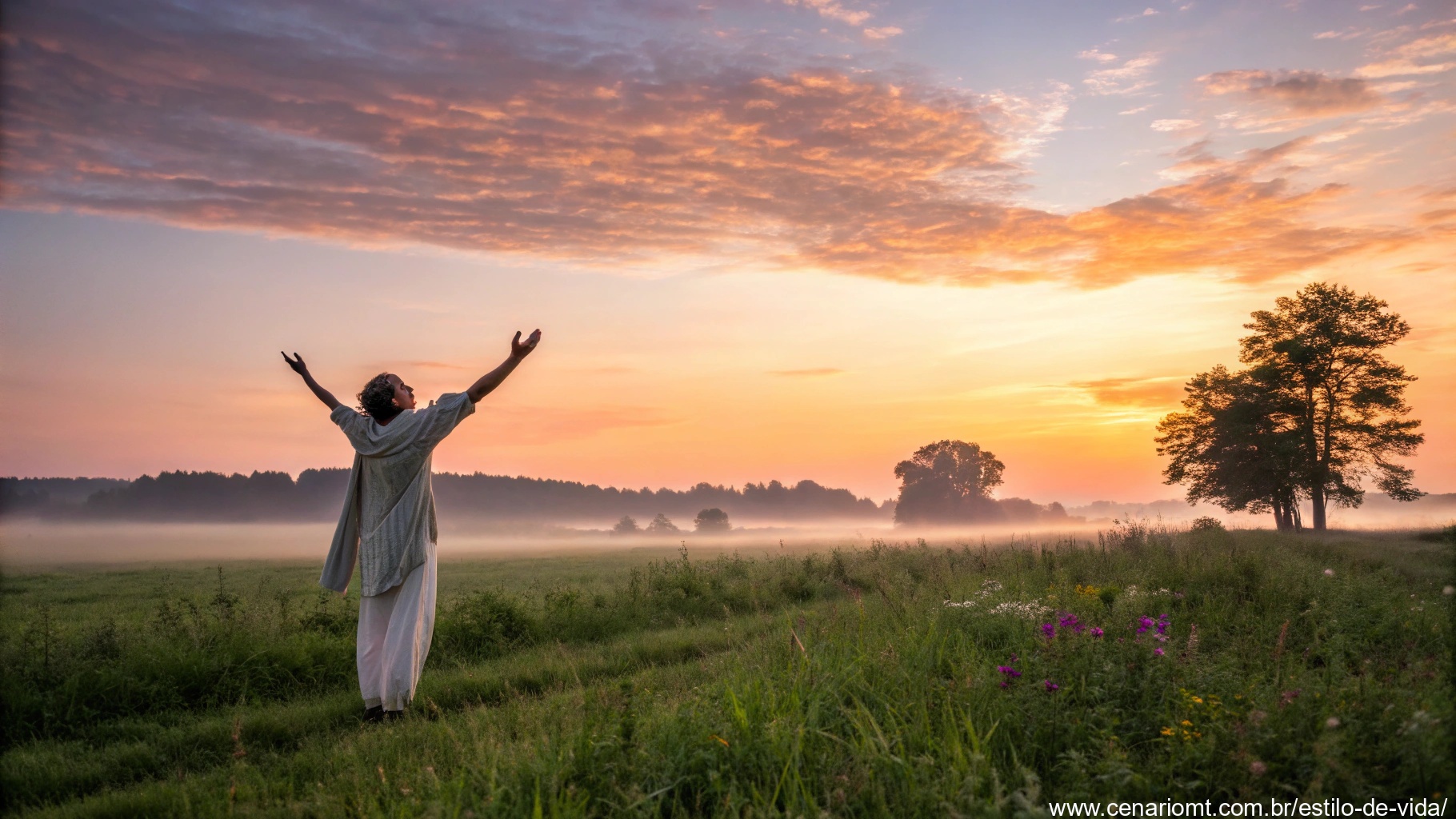 Cena espiritual e inspiradora com uma pessoa em um campo ao nascer do sol, braços levantados em gratidão.