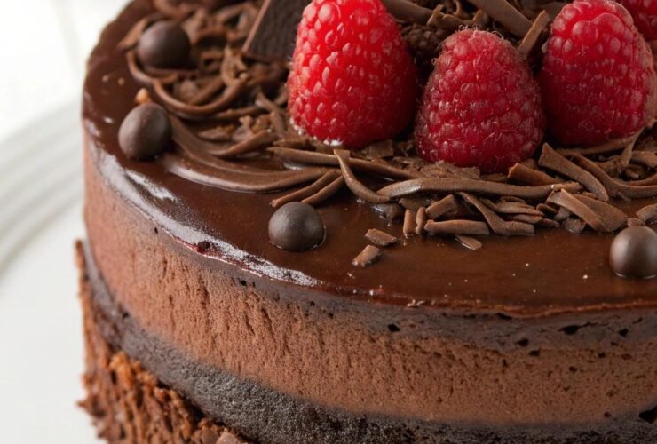 Bolo de chocolate trufado com cobertura brilhante, camadas de recheio de trufa e raspas de chocolate com framboesas frescas.