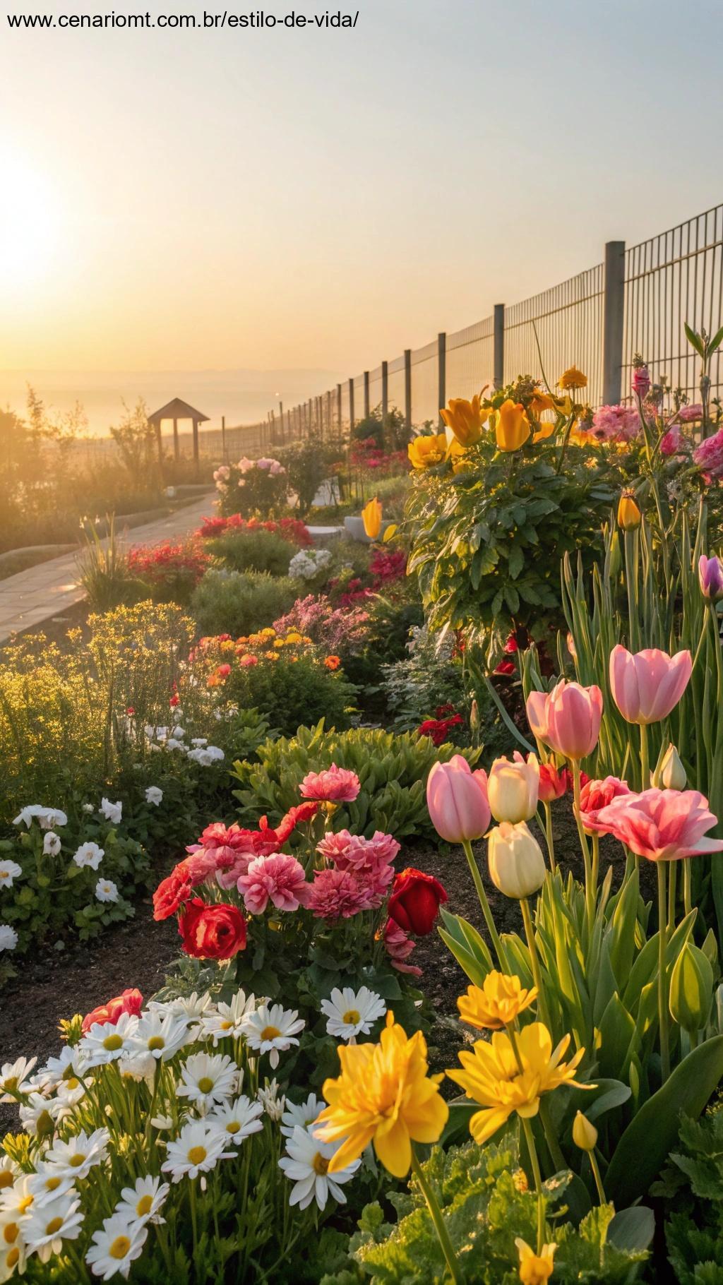 Um jardim florido e vibrante, cheio de cores alegres.