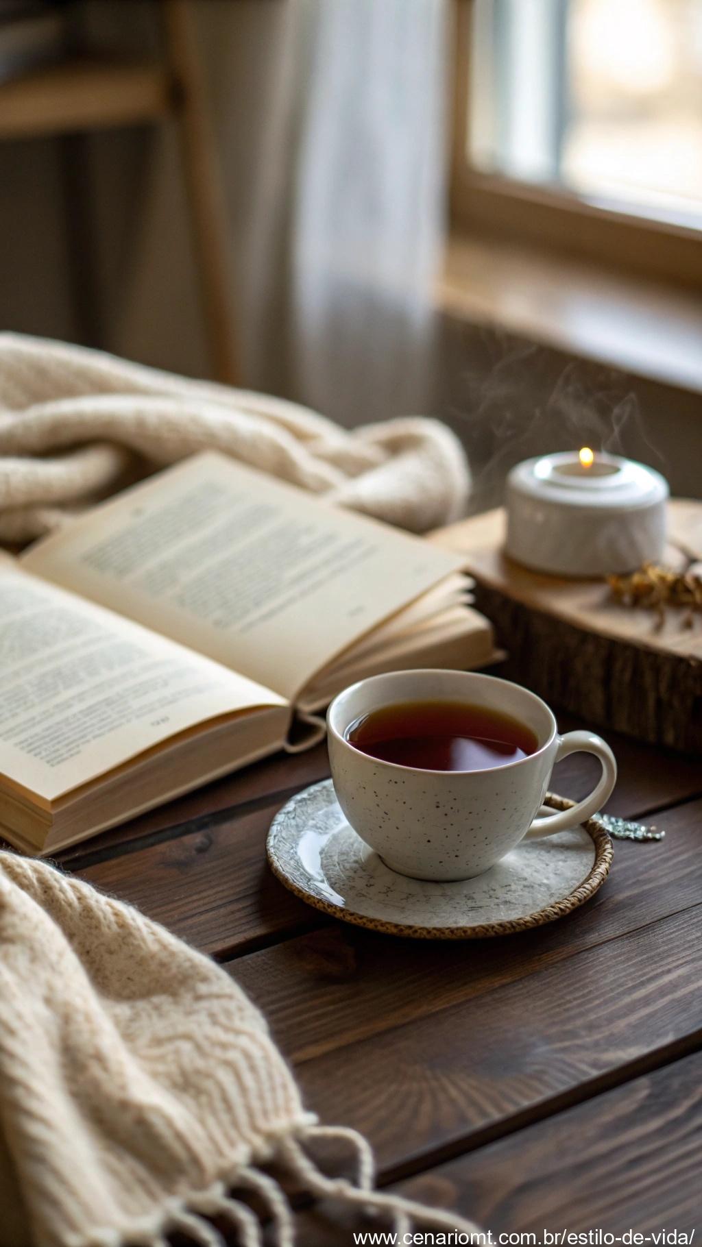 Cena acolhedora de sábado com chá, livro aberto e cobertor.