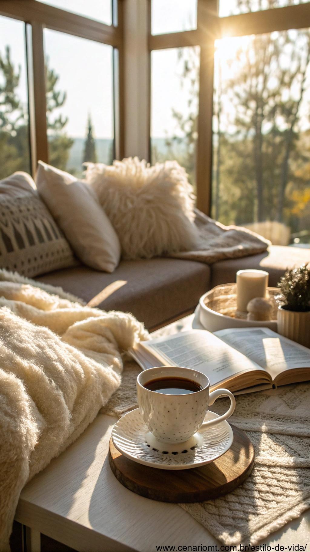 Manhã de sábado ensolarada com uma xícara de café e atmosfera aconchegante.