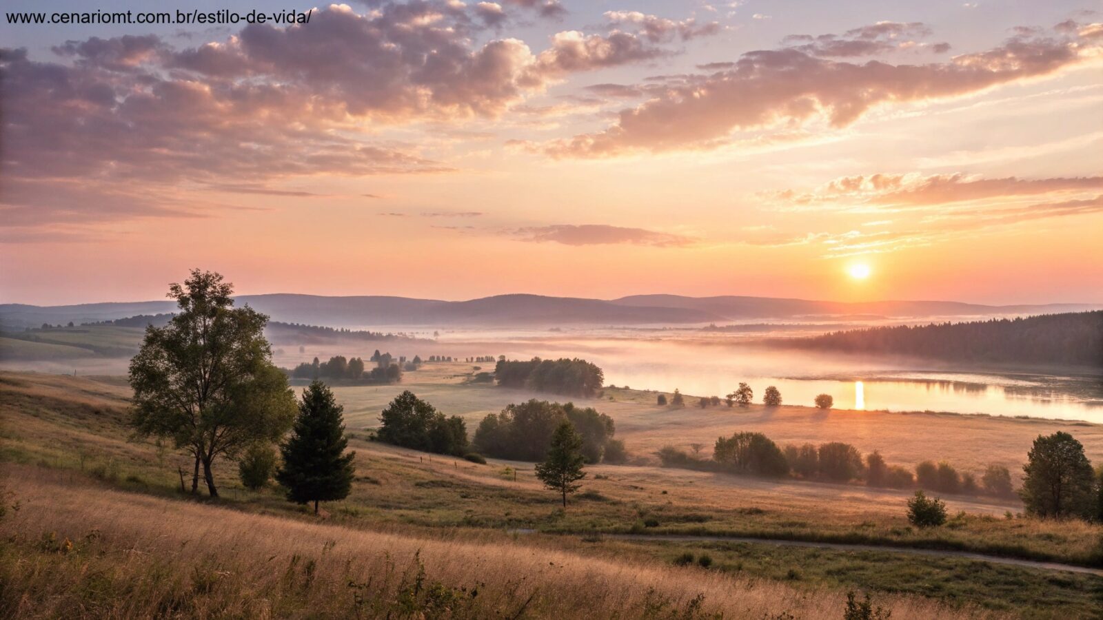 Cena de uma manhã serena com o sol nascendo em um horizonte tranquilo, luz dourada suave iluminando a paisagem.