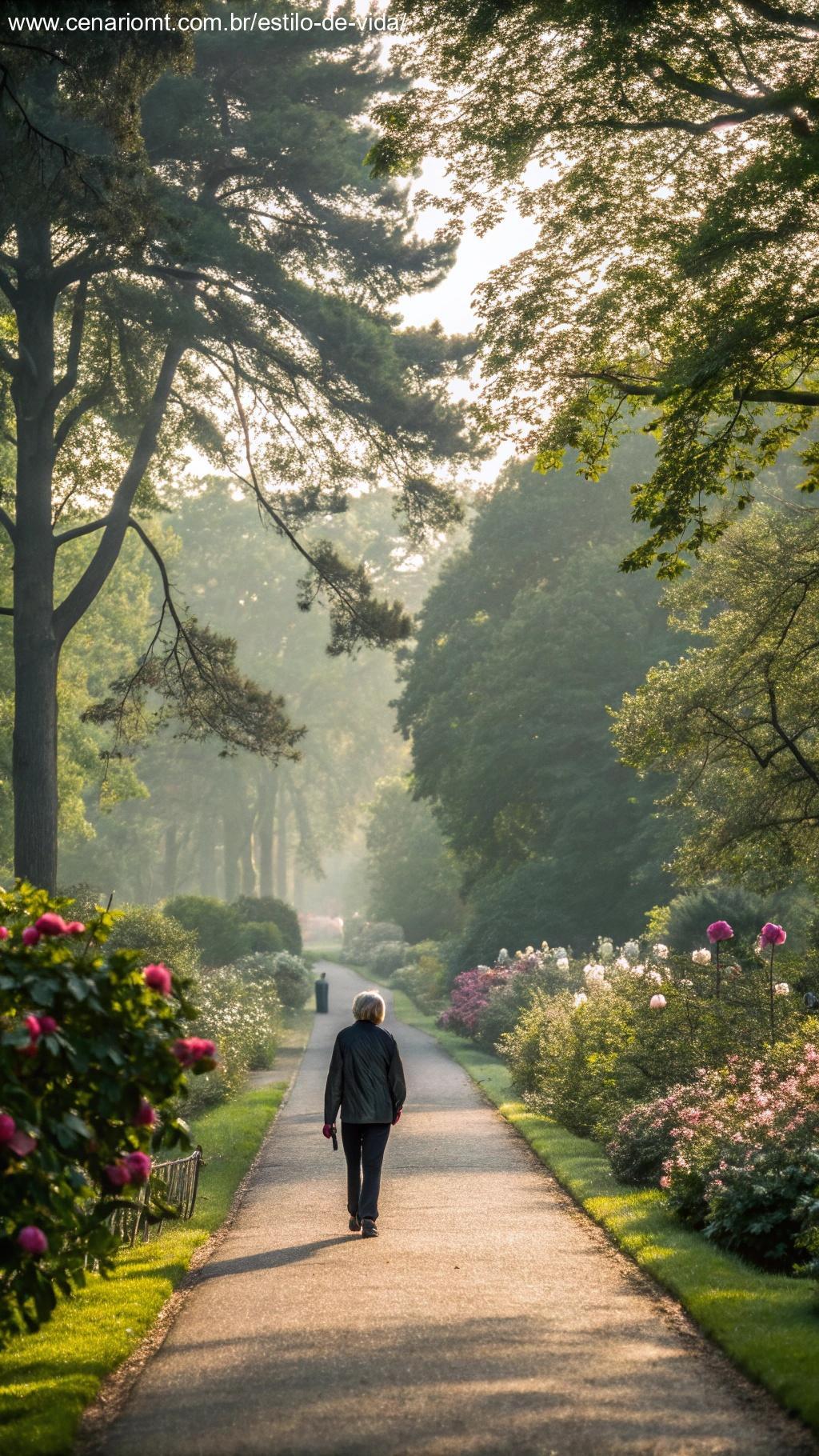Pessoa caminhando em um parque com muita natureza ao redor.