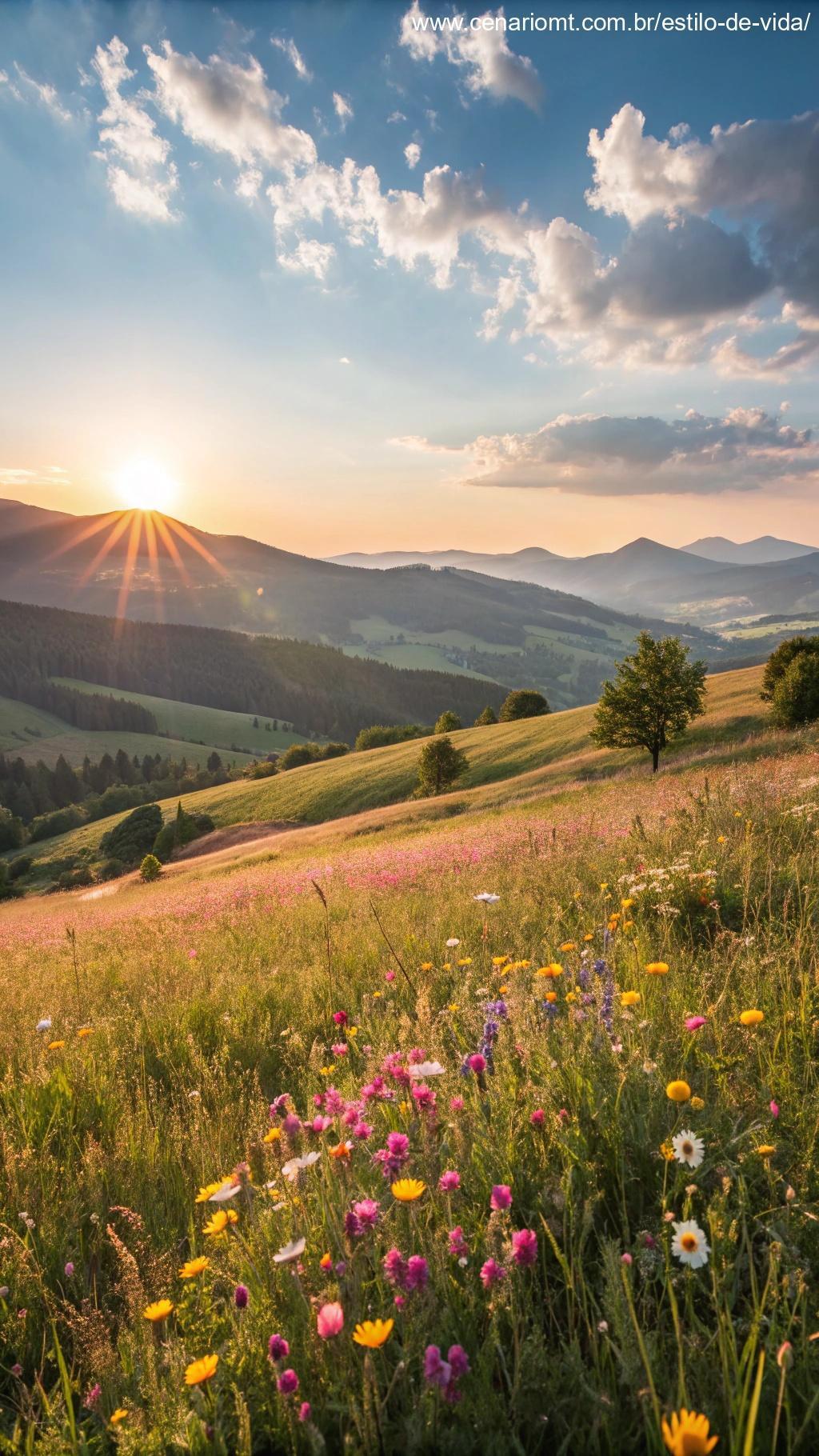 Cena pacífica da natureza com o sol brilhando sobre um campo florido.