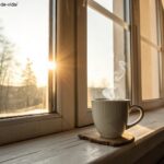 Cena de manhã tranquila com uma xícara de café em uma janela, luz do sol entrando pela janela, criando uma atmosfera de calma.