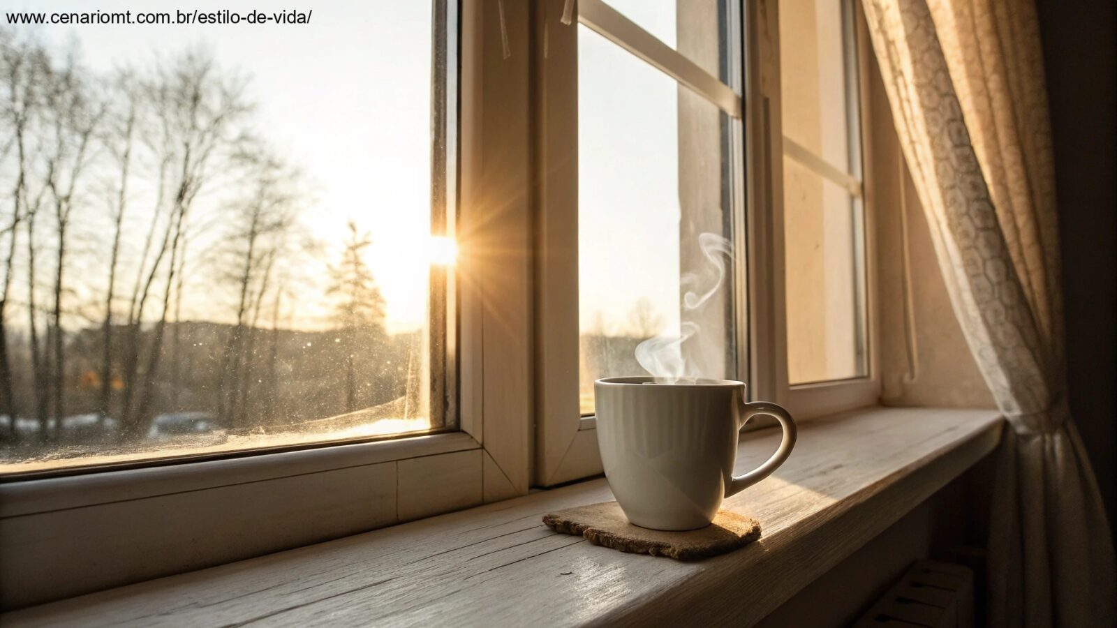 Cena de manhã tranquila com uma xícara de café em uma janela, luz do sol entrando pela janela, criando uma atmosfera de calma.