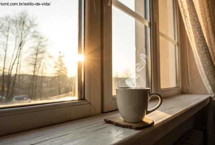 Cena de manhã tranquila com uma xícara de café em uma janela, luz do sol entrando pela janela, criando uma atmosfera de calma.