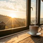 Uma manhã vibrante de sexta-feira com raios de sol iluminando uma xícara de café em uma mesa de madeira.