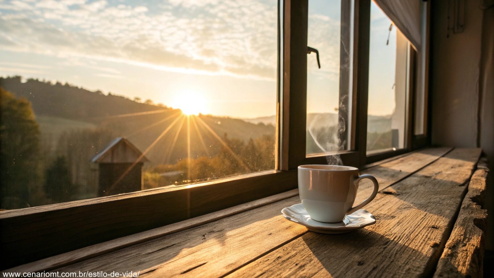 Uma manhã vibrante de sexta-feira com raios de sol iluminando uma xícara de café em uma mesa de madeira.